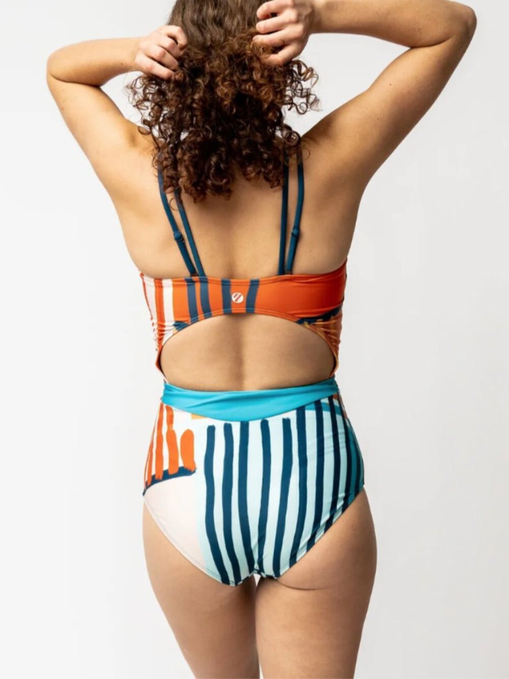 Nani Ray High Tide One Piece Swimsuit POCKETS Cut out Tie front Patchwork sz L - Picture 2 of 11